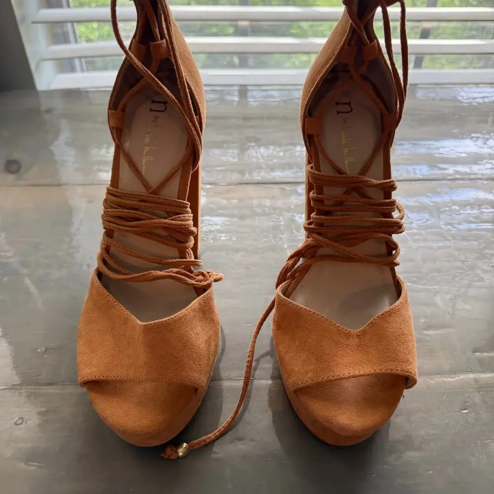 Nicole by Nicole Miller Camel Open Toe Sophia Block Heel Wedges Sz 8.5